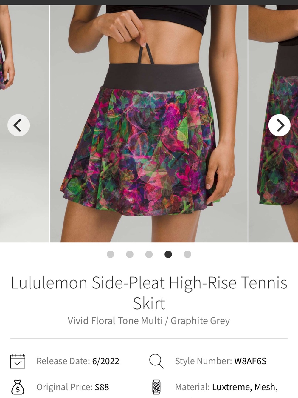 lululemon Vivid Floral Side-Pleat High-Rise Tennis Skirt Women’s 6